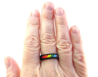 Skinny Rainbow Pride Ring, Skinny Peyote Ring, Gay Pride Bead Ring, Rainbow Jewelry, LoveisLove LGBT LGBTQ