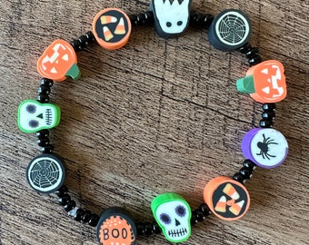 Stretchy Halloween Bracelet - Tricks or Treats - Glass Seed Beads and Polymer Charms - Choose Black or Gunmetal