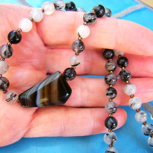 Black Agate and Rutilated Quartz Necklace, Black and White Choker Gemstone Necklace, Monochrome Necklace BJ0034 image 5