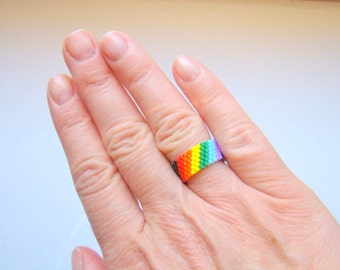 Black Band Beaded Rainbow Ring  Seed Bead Ring  Summer Peyote Ring  Rainbow Bead Ring  Thin Band Ring  Gay Pride Ring Festival Jewelry