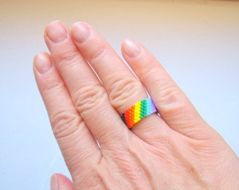 Rainbow Seed Bead Ring: Black Band, Gay Pride Jewelry