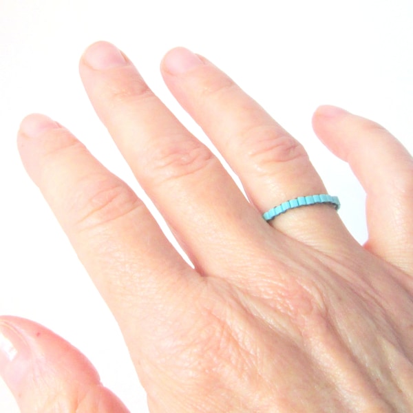 Skinny Turquoise Cubic Line Beaded Ring - Stacking ring woven with cubic glass seed beads