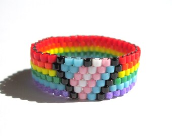 Transgender Heart Rainbow beaded ring  Summer Peyote Ring  Gay Pride Bead Ring  Ring TransPride jewelry Queer Pride  LGBT  LGBTQ