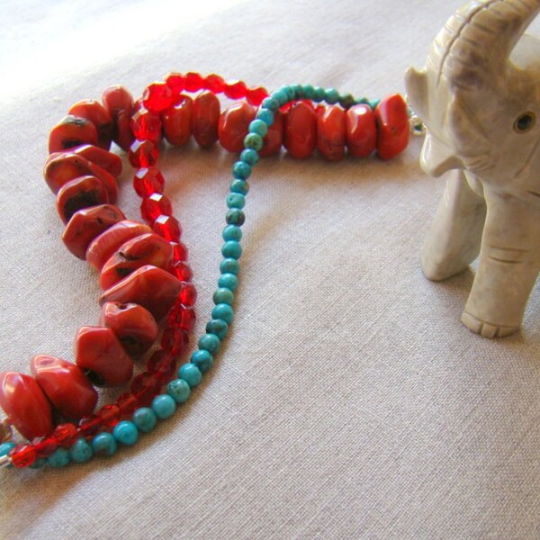 Chunky Coral Bracelet with Turquoise Stone and Red Czech Glass // Sterling Clasp // Multistrand Bracelet // Red Coral Beaded Bracelet BJ0046