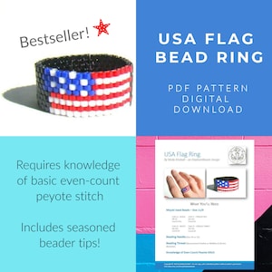 INCLUSO PEYOTE Patrón para el anillo de cuentas de la bandera de EE. UU. - Joyería de la bandera estadounidense - Día de los Caídos del Día de los Veteranos del 4 de julio - Descarga digital