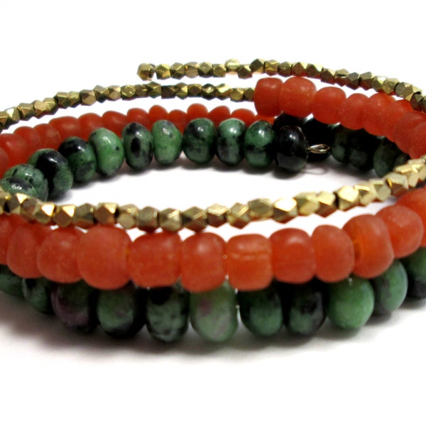 Italian Garden Wrap Bracelet - Orange Gold and Green Stack Bracelet with Green Rubies and African Trade Beads