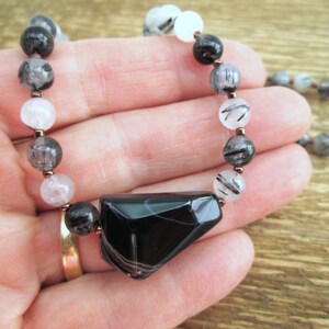 Black Agate and Rutilated Quartz Necklace, Black and White Choker Gemstone Necklace, Monochrome Necklace BJ0034 image 6