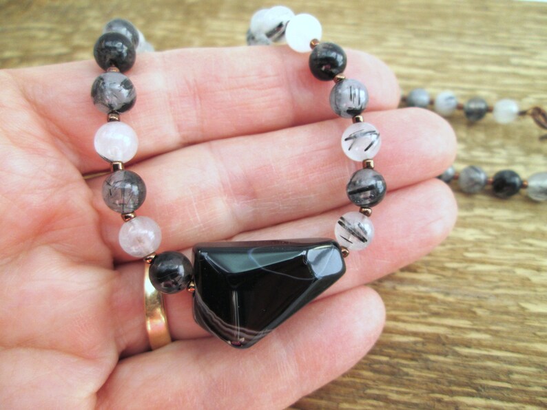 Black Agate and Rutilated Quartz Necklace, Black and White Choker Gemstone Necklace, Monochrome Necklace BJ0034 image 6