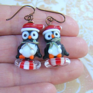 Christmas Penguin Earrings: Lampwork Glass Holiday Jewelry