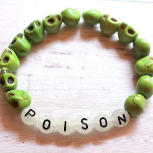 POISON Glow in the Dark Stone Skull Word Bracelet - Halloween, Dia de los Muertos, Day of the Dead - Fun Meme Jewelry, Gift for Teen