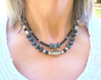 Layered Black and Silver Necklace, Multistrand Stone Necklace, Sterling Silver Hill Tribe Choker, Black and White, Monochrome - BJ0035