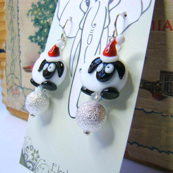 Christmas Sheep Earrings Holiday Black Faced Sheep with Santa Hat Silver Stardust Ball and Swarovski Crystals Christmas New Years Eve HO0034