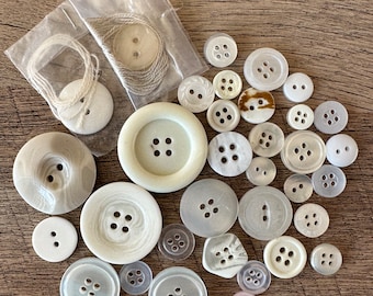 Lot of 36 White Vintage and Antique Buttons / Retro Plastic Vintage Buttons / Vintage Button Collection / Destash Supplies
