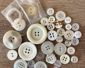 Lot of 36 White Vintage and Antique Buttons / Retro Plastic Vintage Buttons / Vintage Button Collection / Destash Supplies