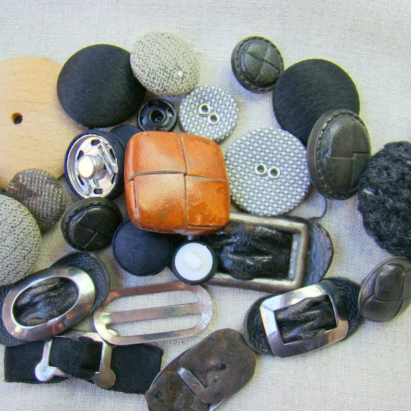 Lot of Vintage and Antique Leather and Cloth Buttons and Buckles  Antique Leather Buckles  Vintage Buttons  Destash Buttons Rare