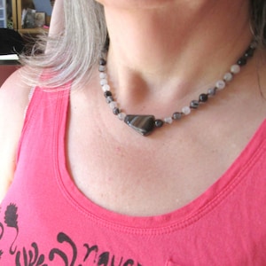 Black Agate and Rutilated Quartz Necklace, Black and White Choker Gemstone Necklace, Monochrome Necklace BJ0034 image 1