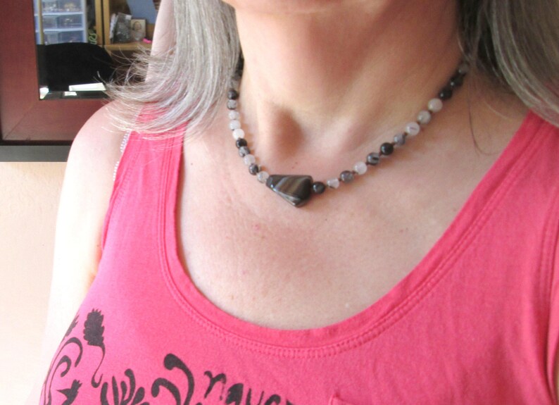 Black Agate and Rutilated Quartz Necklace, Black and White Choker Gemstone Necklace, Monochrome Necklace BJ0034 image 1
