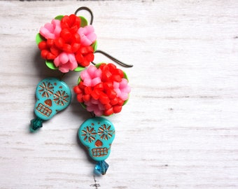 Sugar Skull Earrings: Czech Glass, Polymer Flowers, Swarovski Crystals