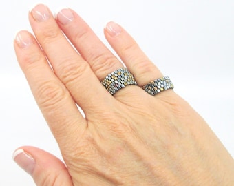 Galvanized Blue Steel Beaded Ring: Brickwork Style Mixed Metal Ring