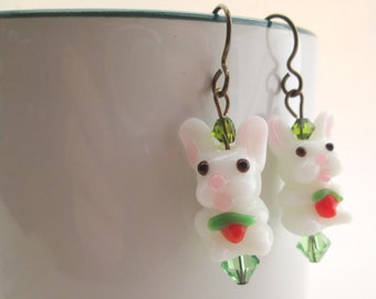White Rabbit Earrings - Spring Holiday Easter Earrings, Lampwork - Glass Rabbits with Green Swarovski Crystals