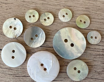 Antique Vintage Mother of Pearl Buttons - Lot of 11 Iridescent MOP Buttons - Varied Sizes - Authentic Shell