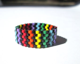Rainbow Stripes Beaded Ring, Summer Seed Bead Peyote Ring, Gay Pride Thin Band Ring, Queer Lesbian Asexual Gay Straight Alliance LGBT LGBTQ