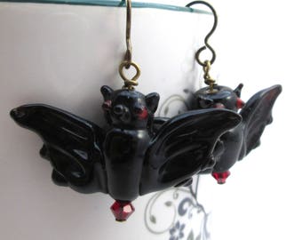 Black Bat Earrings with Ruby Red Swarovski Crystals - Halloween Earrings with Hypoallergenic Niobium Earwires