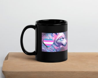 Trans Pride Wolf Black Glossy Mug - Transgender Pride Design - Choose 11 oz or 15 oz Coffee Cup
