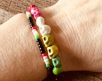 Abro Pride Bracelet Set, Skulls and Seed Beads, Two Bracelets, Halloween, Dia de los Muertos, Day of the Dead, AbroSexual, Queer LGBTQ