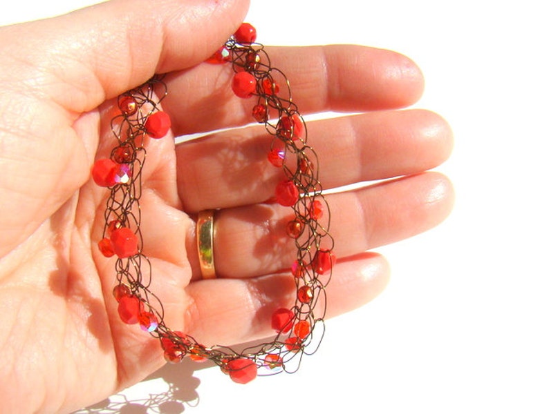 CR0015 Crochet wire necklace dark coral red on bronze copper rustic wire crochet casual beaded jewelry Czech Glass