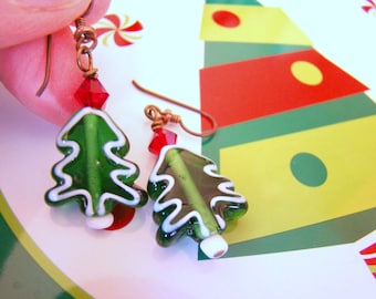 Green Lampwork Glass Christmas Tree Earrings with Red Swarovski Crystals