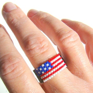 American Flag Bead Ring - Red White and Blue -  US Flag Jewelry for 4th of July  Veterans Day Memorial Day
