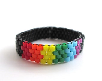 Rainbow Pride Bead Ring, Black & Colorful Blocks, LoveisLove