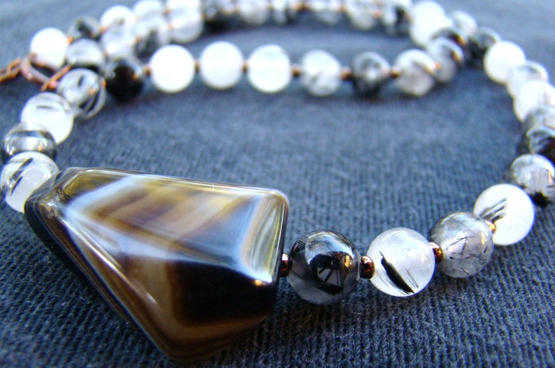 Black Agate and Rutilated Quartz Necklace, Black and White Choker Gemstone Necklace, Monochrome Necklace BJ0034 image 4