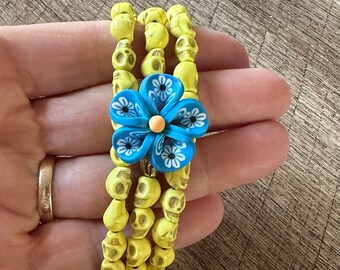 Yellow Sugar Skull Stretch Wrap Bracelet - Blue Flower Focal - Triple Wrap - Doubles as Necklace - Day of the Dead - Halloween