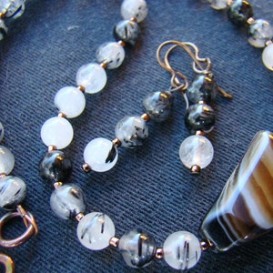 Black Agate and Rutilated Quartz Necklace, Black and White Choker Gemstone Necklace, Monochrome Necklace BJ0034 image 3