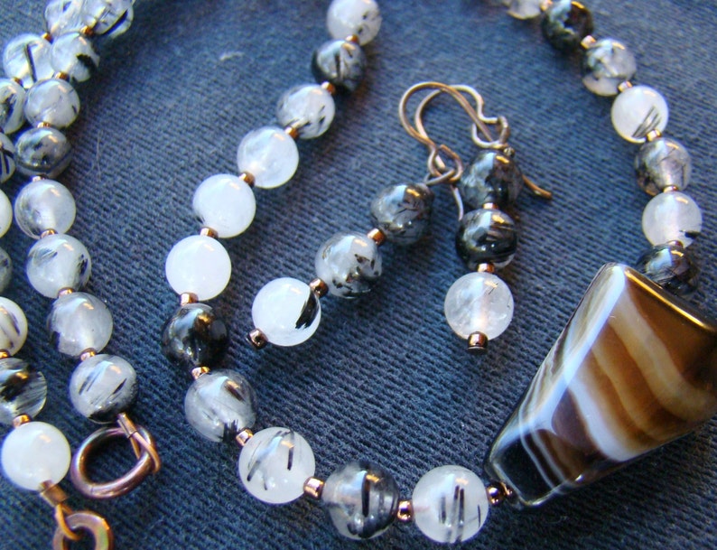 Black Agate and Rutilated Quartz Necklace, Black and White Choker Gemstone Necklace, Monochrome Necklace BJ0034 image 3
