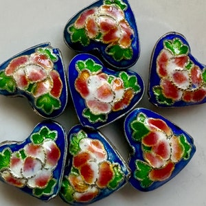 Vintage Blue Cloisonne Heart Beads: Enameled Floral Beads (Set of 7)