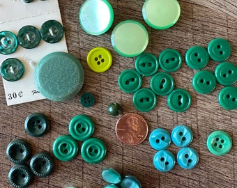 Lot of 45 Vintage Green Buttons - Plastic Buttons - Varied Sizes Many Matching Sets - Bulk Destash