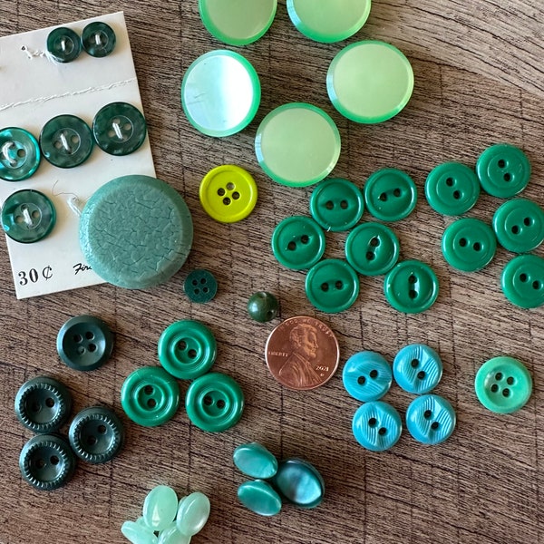 Lot of 45 Vintage Green Buttons - Plastic Buttons - Varied Sizes Many Matching Sets - Bulk Destash
