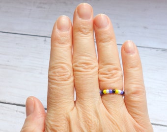 NonBinary Pride Stretch Ring, Beaded Minimalist Enby Pride jewelry, LGBTQIA