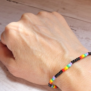 Skinny Rainbow and Black Stretch Bracelet - Minimalist Layering Jewelry - Gay and Lesbian Pride - Ally Jewelry LGBTQ+ SAGA