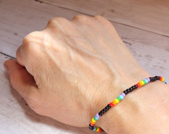 Skinny Rainbow and Black Stretch Bracelet - Minimalist Layering Jewelry - Gay and Lesbian Pride - Ally Jewelry LGBTQ+ SAGA