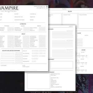 Könnte beinhalten: Charakterbögen für das Rollenspiel Vampire: The Masquerade. Die weißen Bögen haben schwarzen Text und enthalten Abschnitte für Attribute, Fähigkeiten und Charakterdetails. Entworfen für VTM tabletop VS.