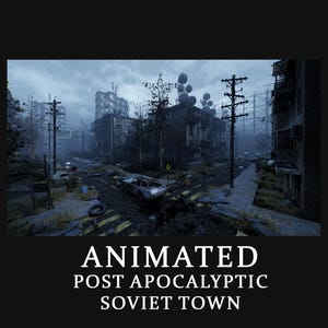 Peut inclure: Une scène animée d'une ville soviétique post-apocalyptique. L'image montre une rue déserte avec des bâtiments abandonnés, une voiture accidentée et une végétation envahissante. Le ciel est nuageux et l'ambiance générale est sombre. Le texte en bas indique "ANIMATED POST APOCALYPTIC SOVIET TOWN."