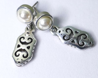 Brighton Geneva Pearl Drop Earrings Silver Scroll