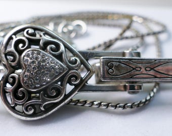 Brighton Reno Heart Key Necklace Silver Tone Scrollwork Pendant Long Lanyard Necklace