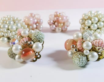 Set of  3 Vintage Japan Clip on Pink & Pearl Cluster Collection