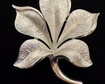 Trifari Silver Leaf Brooch: Mid Century Brushed Metal Floral Pin 1960s