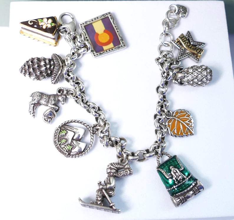 Retired Brighton Colorado Charm Bracelet: Enamel, Silver Tone, Travel, Nature, Denver image 1